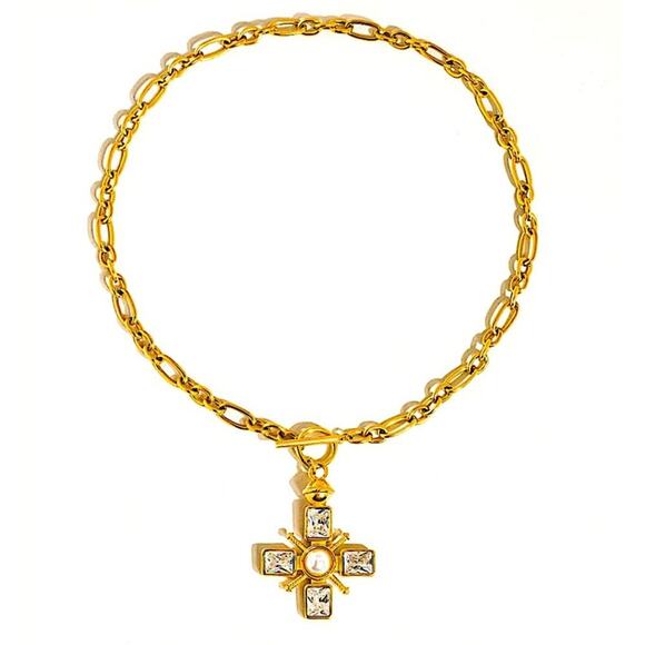 Crystal Pearl Cross Pendant Necklace Stainless Steel Gold Plated - Picture 5 of 9